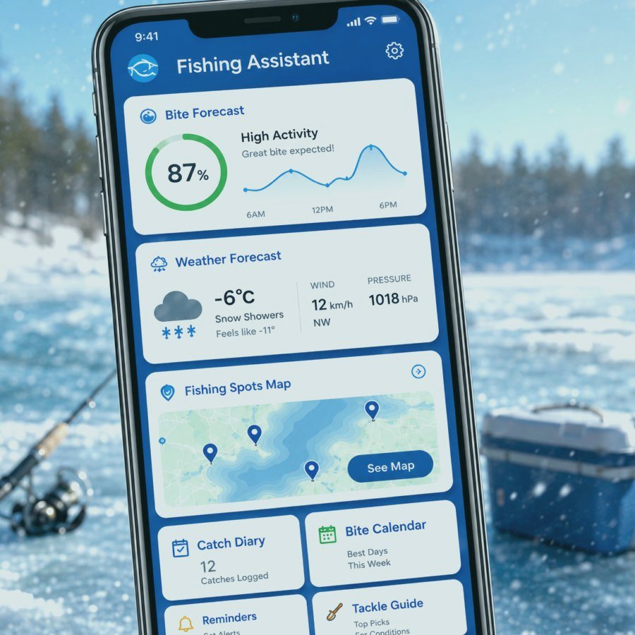 Fishing Assistant app screen with forecast and map