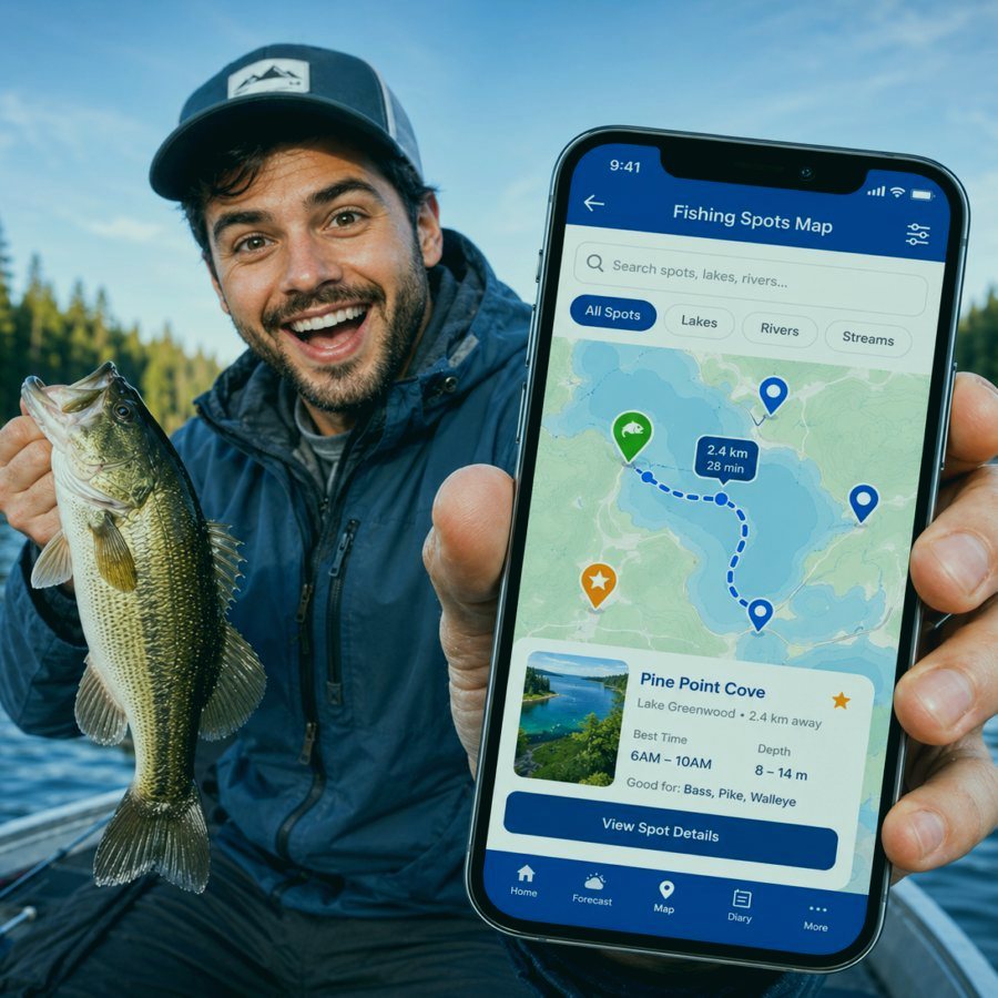 Fishing map screen with saved spots